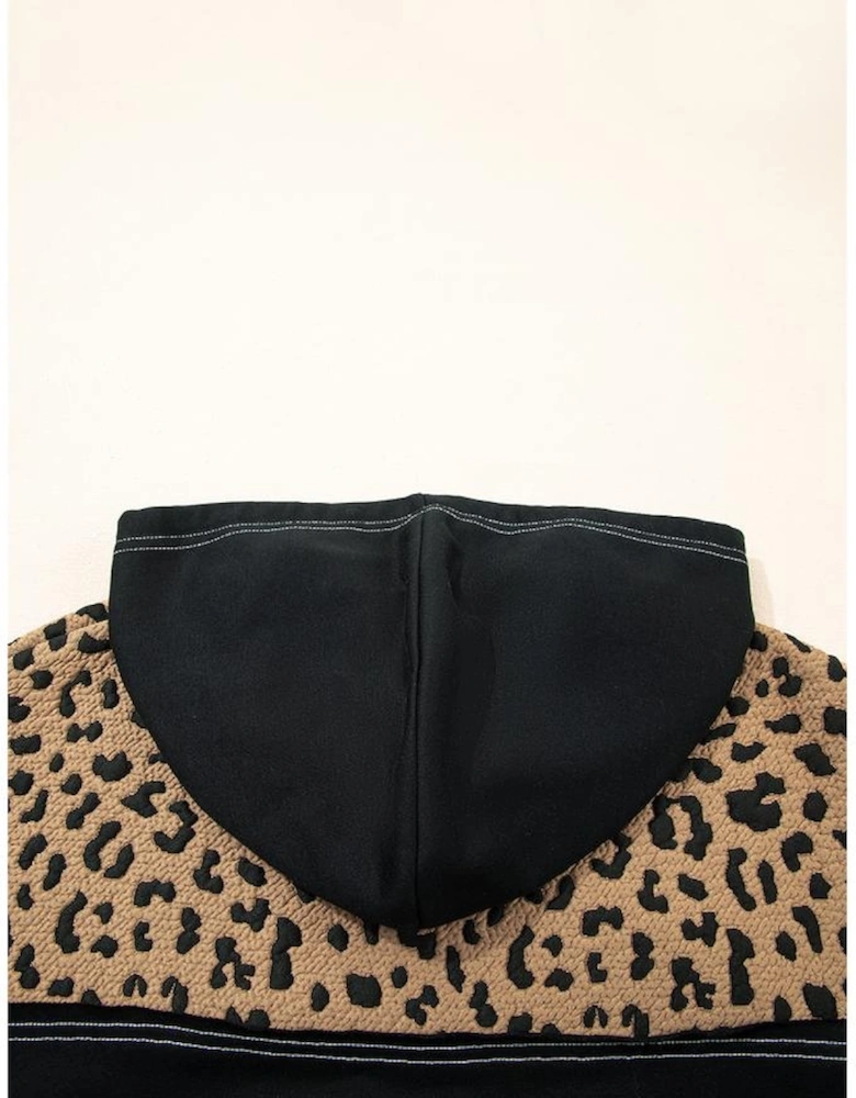 Brown Leopard Patchwork Contrast Stitching Knotted Cuff Quarter Zip Hoodie