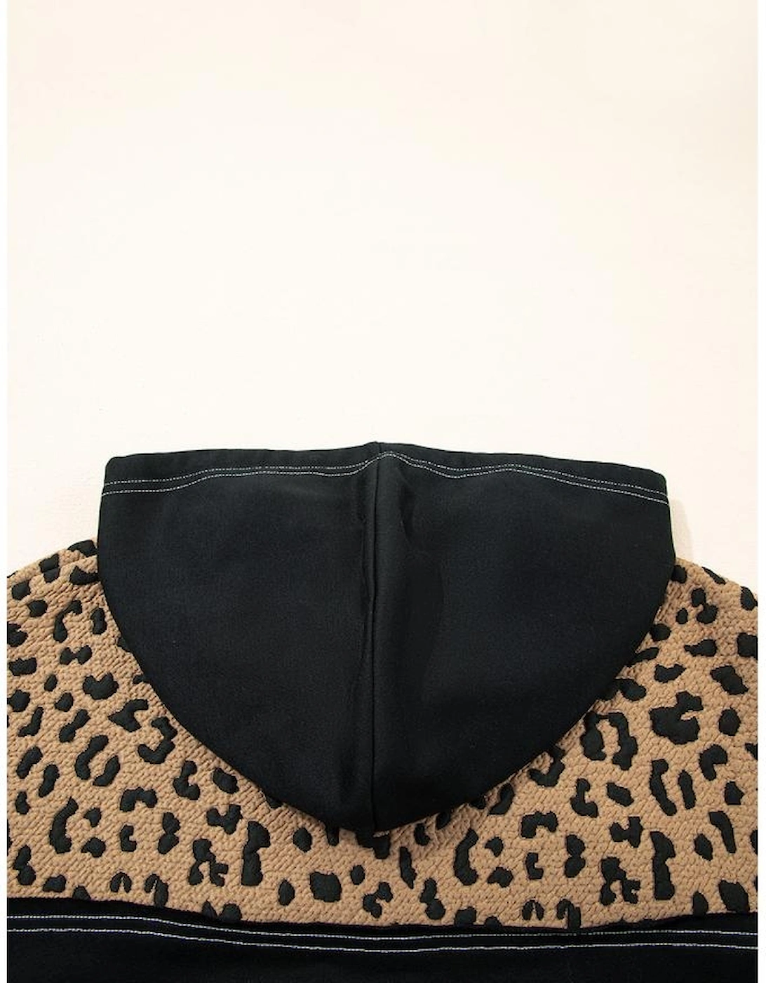 Brown Leopard Patchwork Contrast Stitching Knotted Cuff Quarter Zip Hoodie