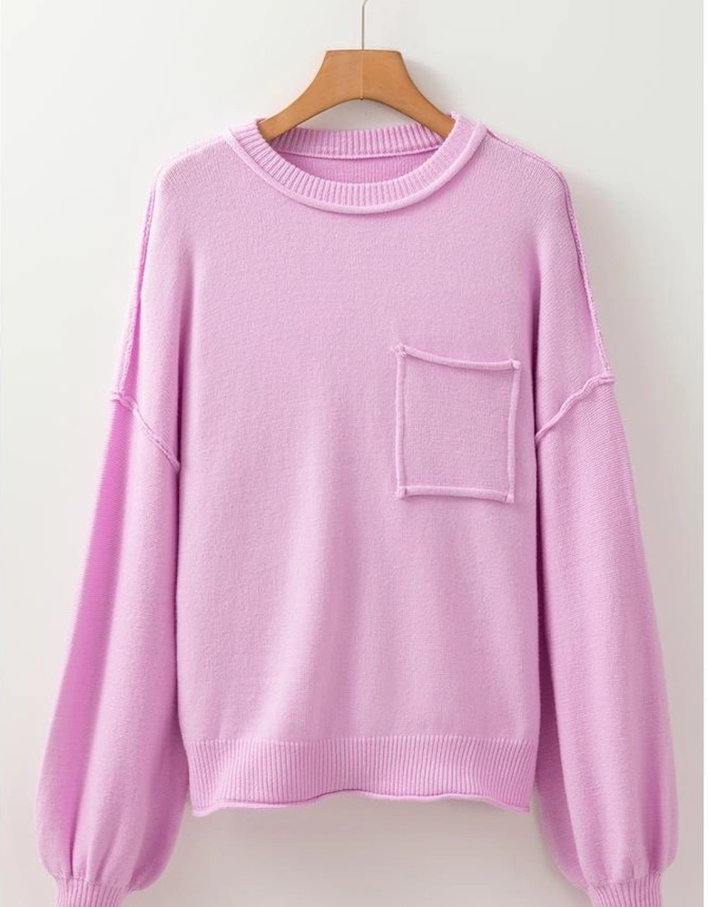 Pink Raw Edge Ribbed Detail Drop Shoulder Sweater