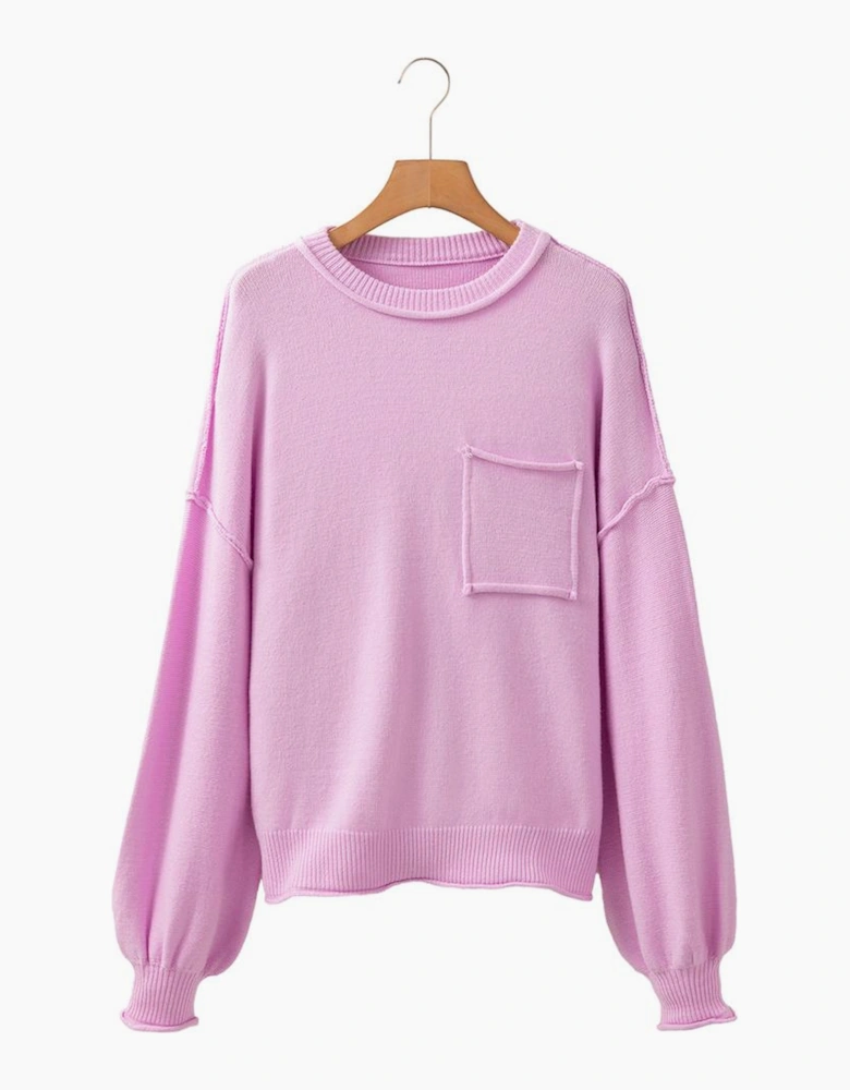 Pink Raw Edge Ribbed Detail Drop Shoulder Sweater