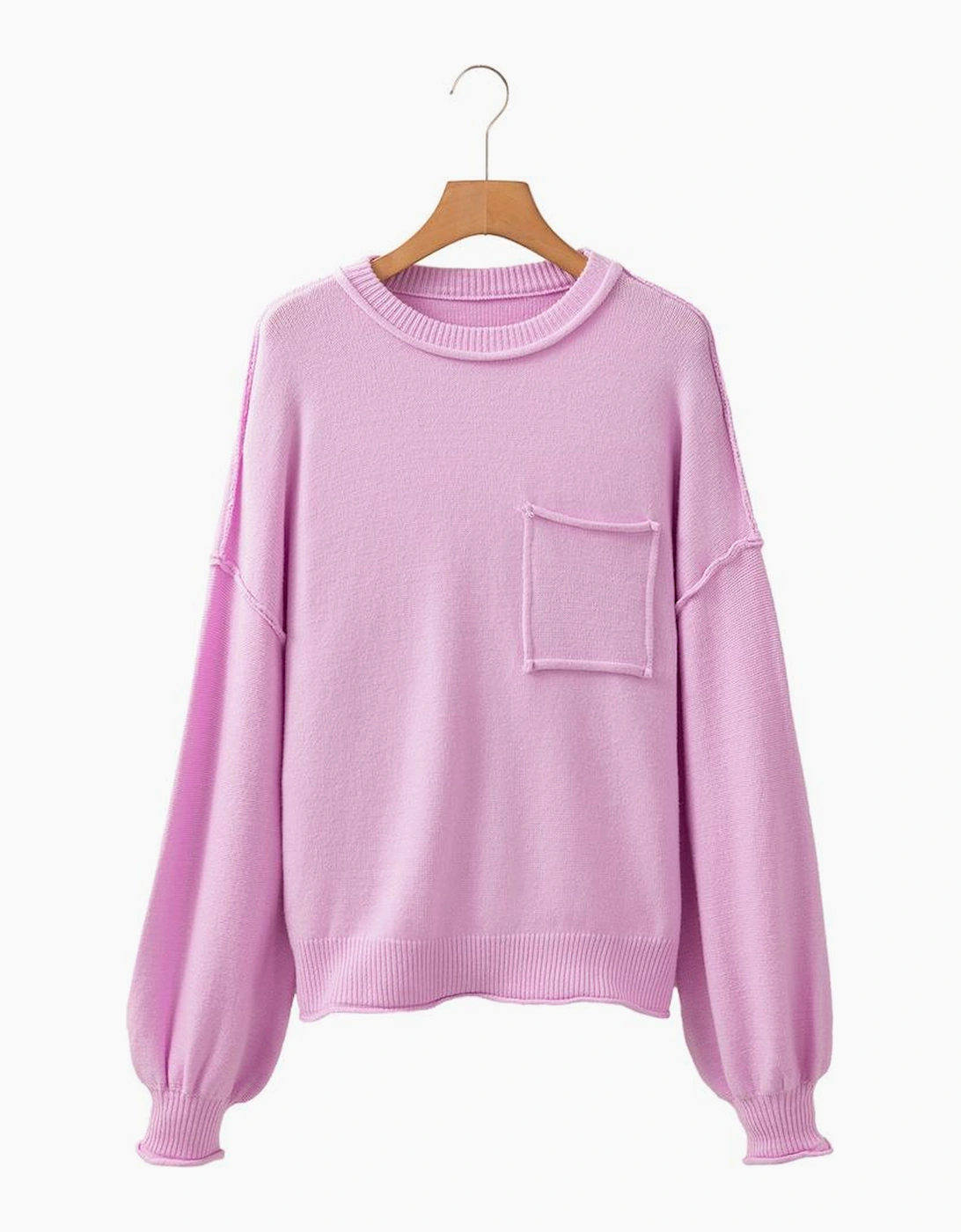 Pink Raw Edge Ribbed Detail Drop Shoulder Sweater