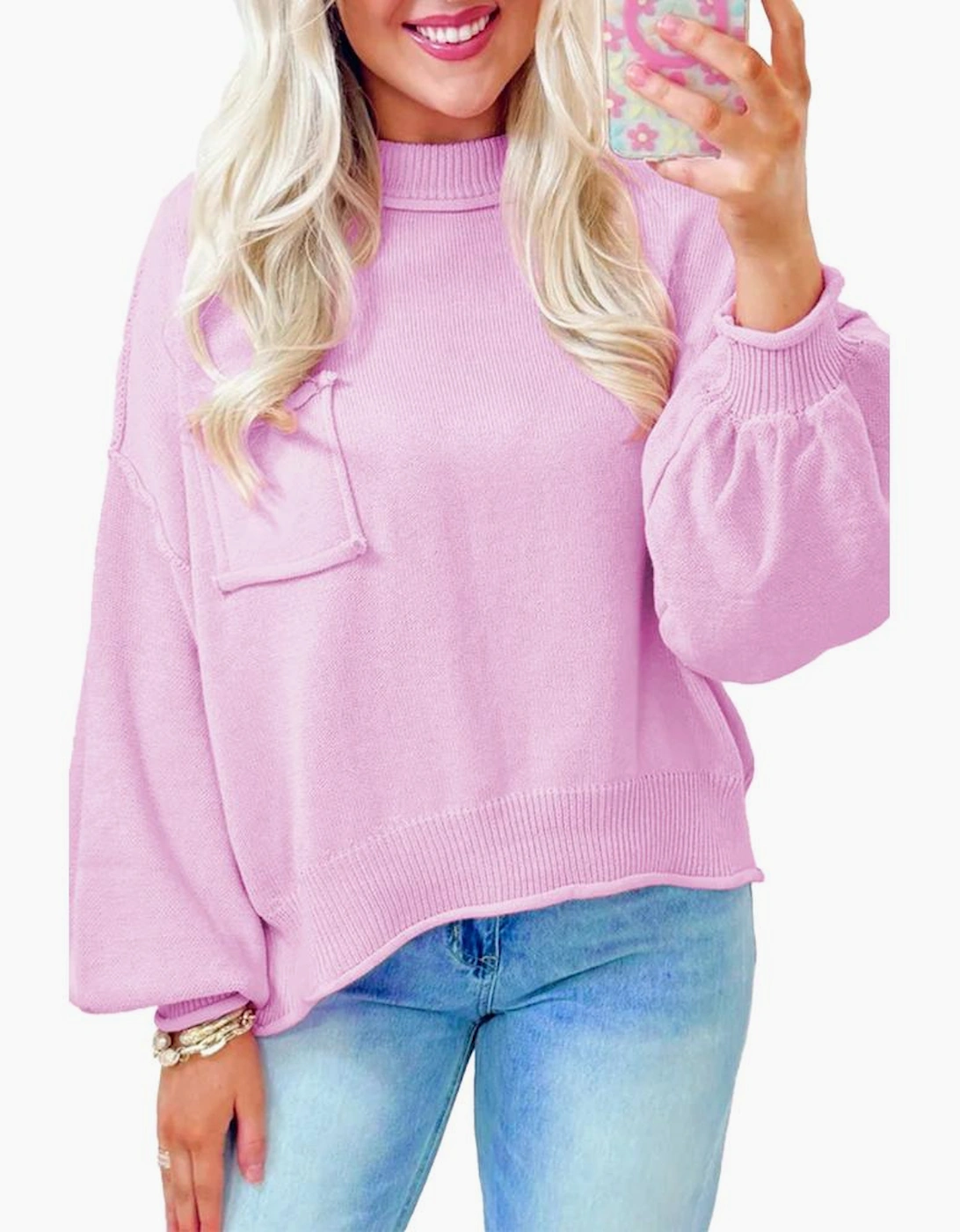 Pink Raw Edge Ribbed Detail Drop Shoulder Sweater, 14 of 13