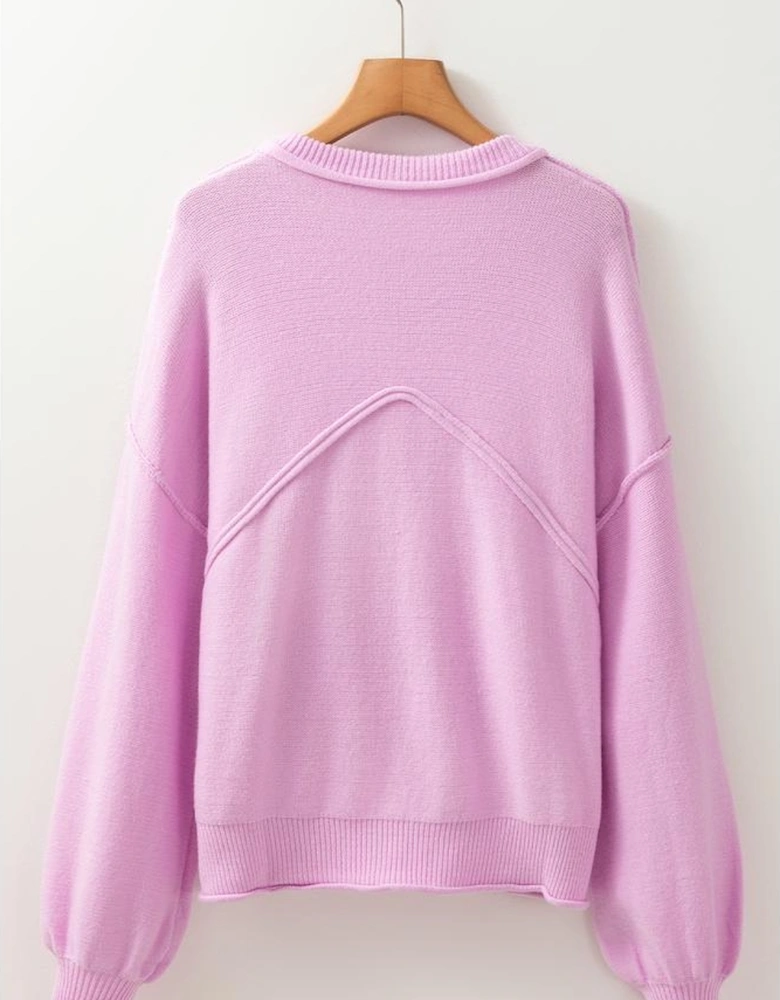 Pink Raw Edge Ribbed Detail Drop Shoulder Sweater