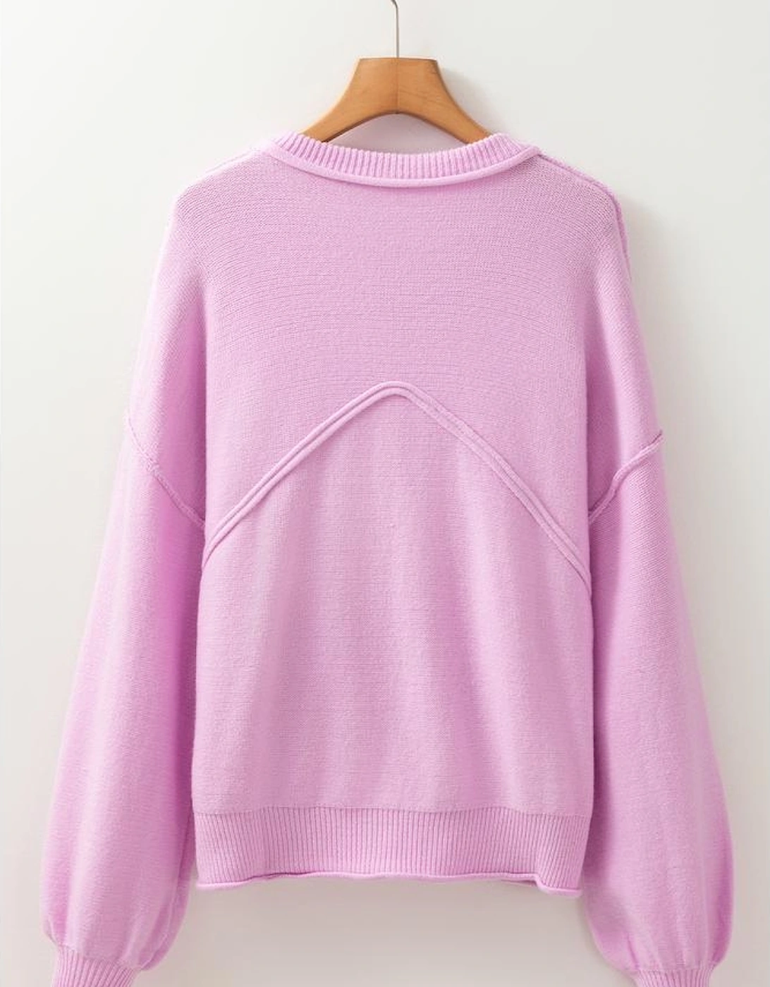 Pink Raw Edge Ribbed Detail Drop Shoulder Sweater