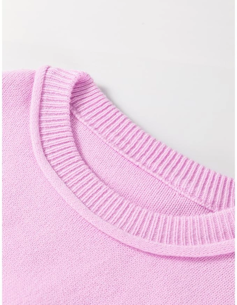Pink Raw Edge Ribbed Detail Drop Shoulder Sweater