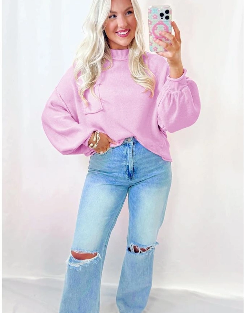 Pink Raw Edge Ribbed Detail Drop Shoulder Sweater