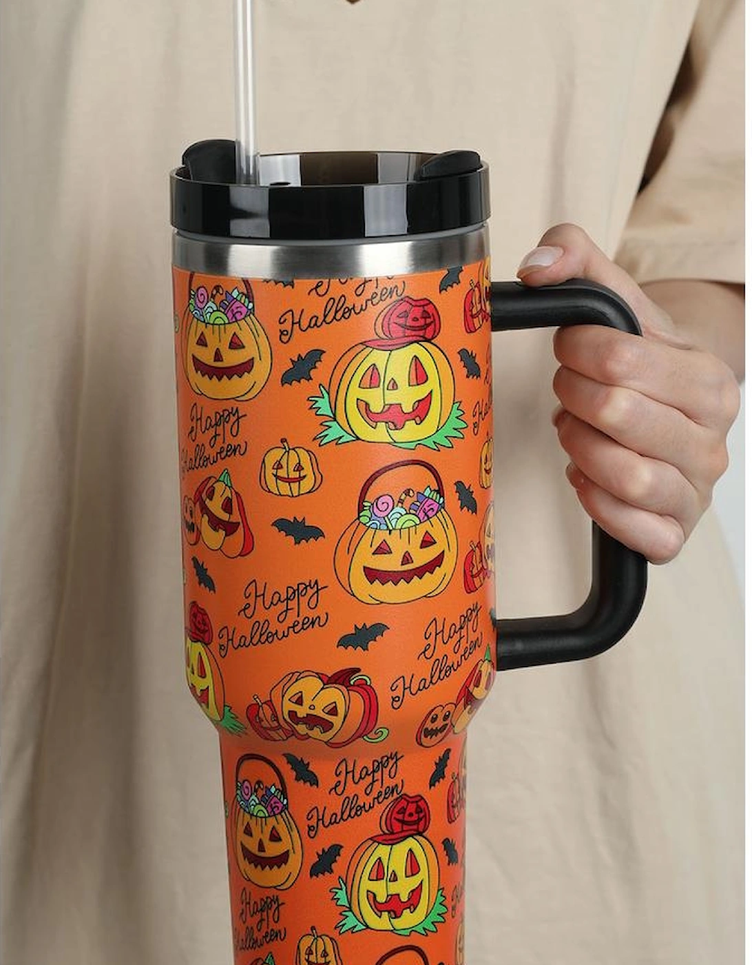 Azura Exchange Orange Halloween Pumpkin Print Handle Large Tumbler 40oz