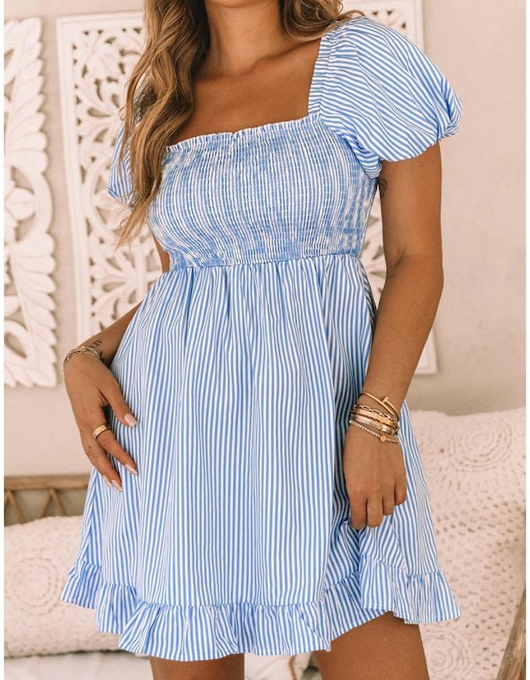 Azura Exchange Striped Square Neck Puff Sleeve Mini Dress