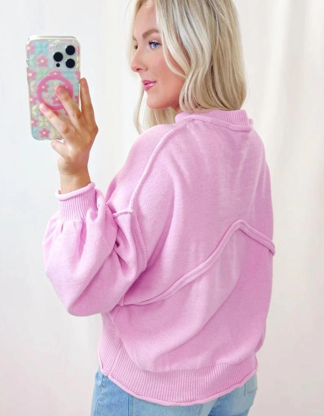 Pink Raw Edge Ribbed Detail Drop Shoulder Sweater