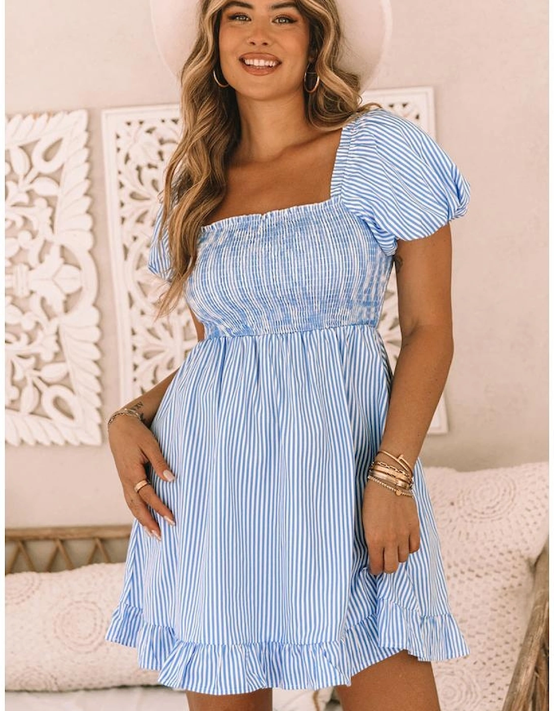 Azura Exchange Striped Square Neck Puff Sleeve Mini Dress, 7 of 6