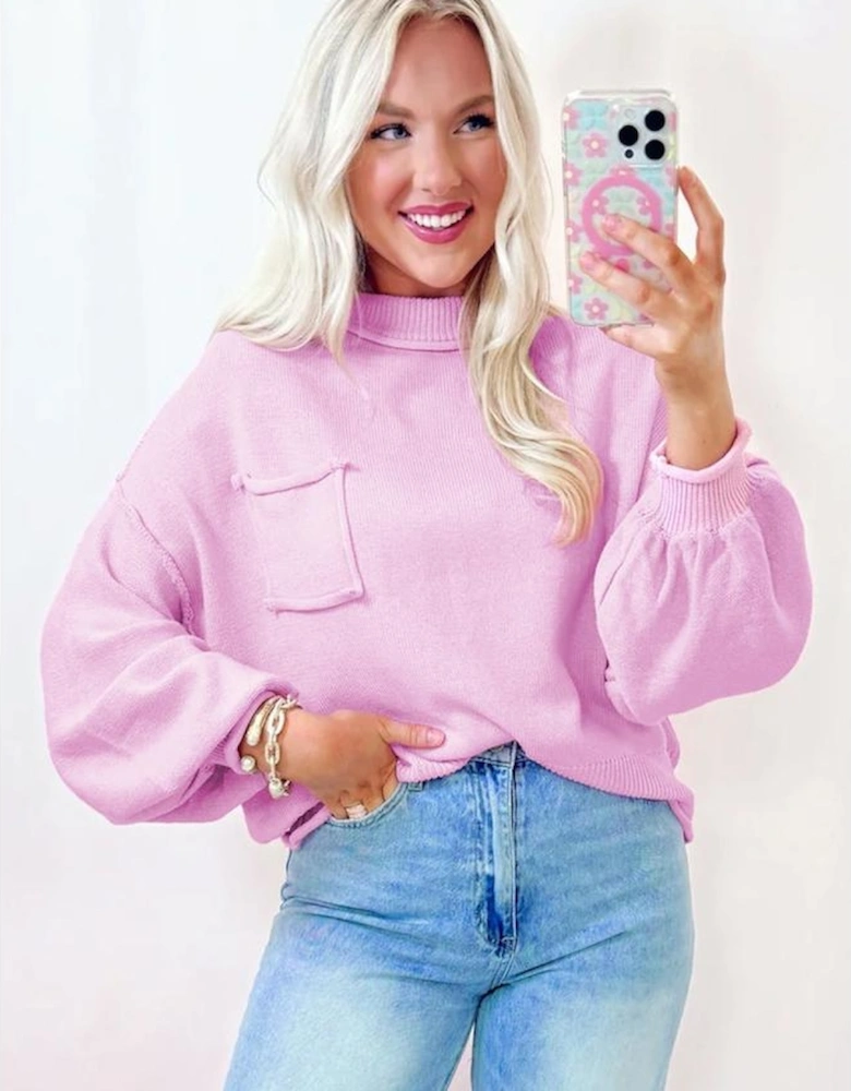 Pink Raw Edge Ribbed Detail Drop Shoulder Sweater