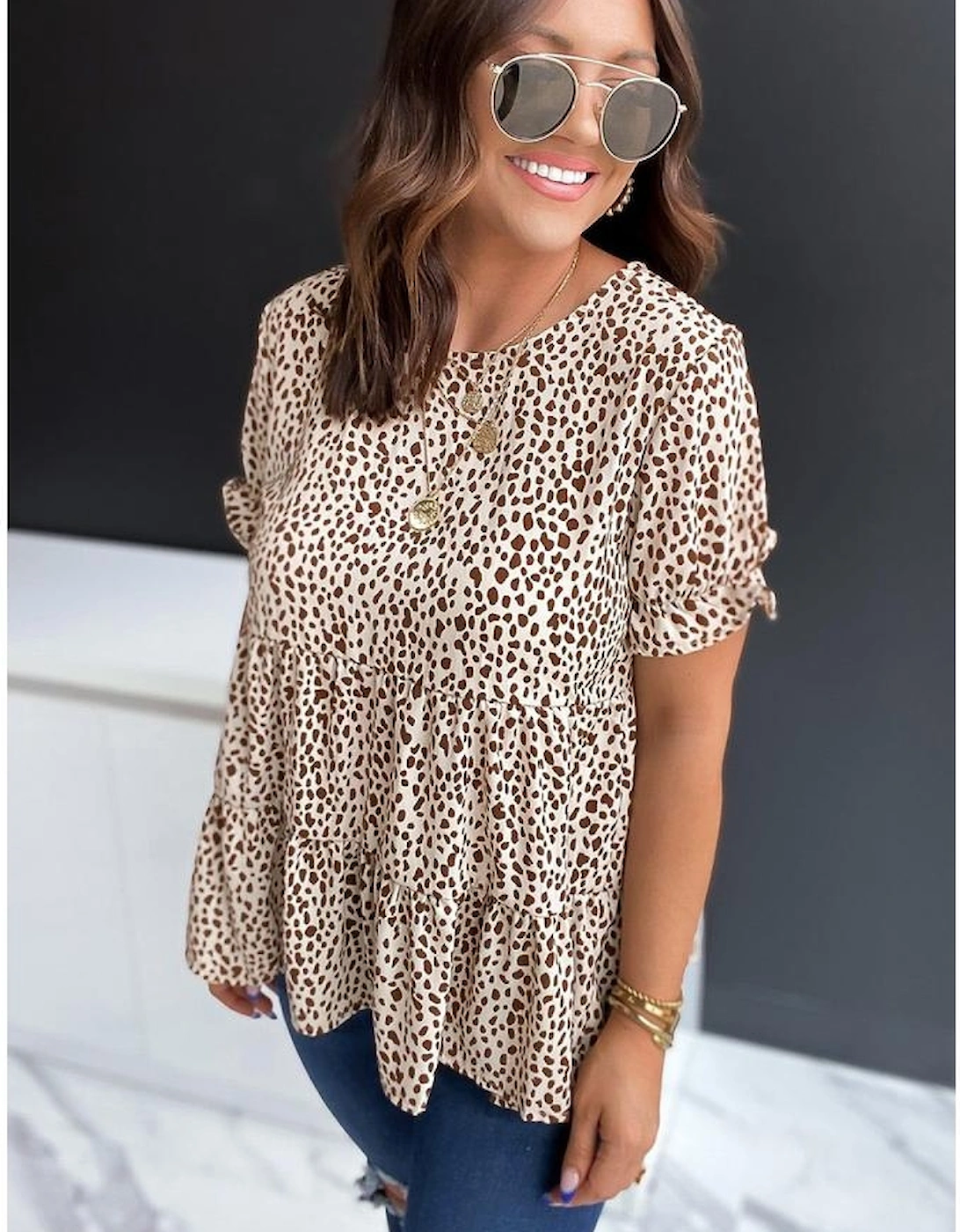 Azura Exchange Leopard Tiered Short Sleeve Top