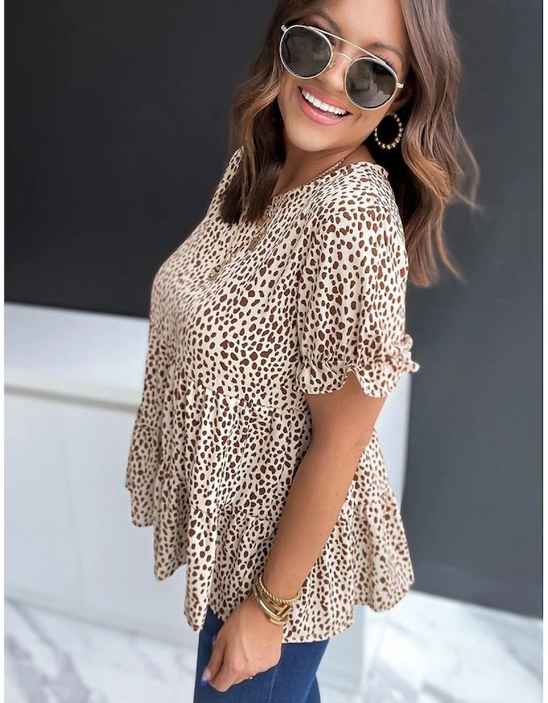 Azura Exchange Leopard Tiered Short Sleeve Top