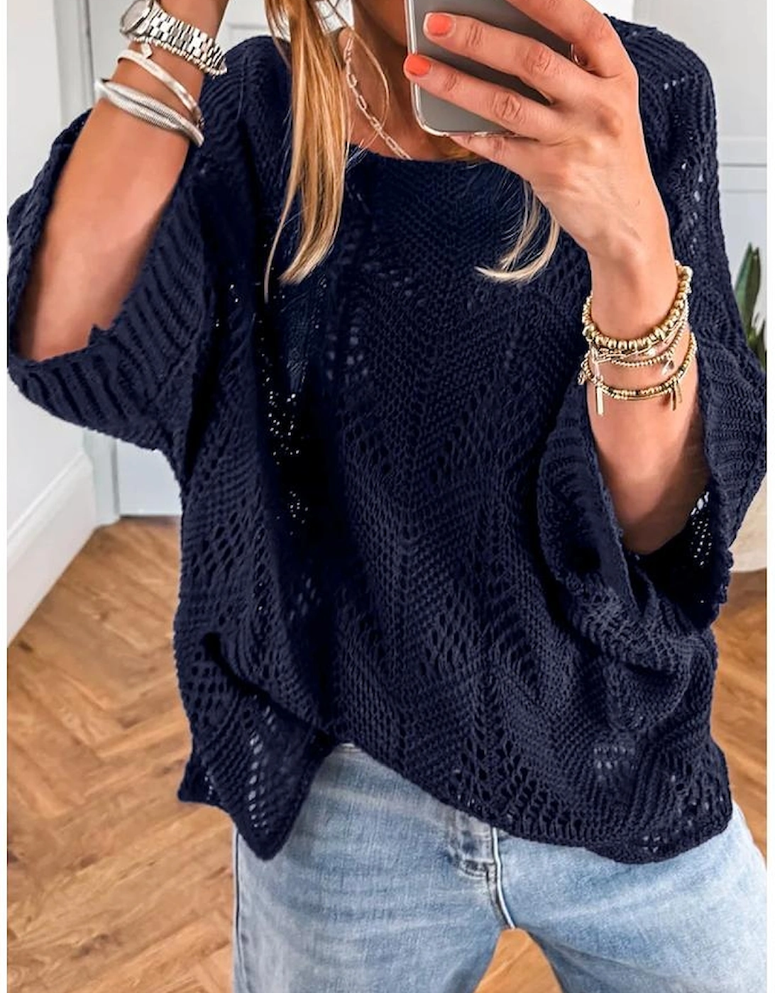 Navy Blue Hollow Out Knit 7/8 Sleeve Casual Sweater
