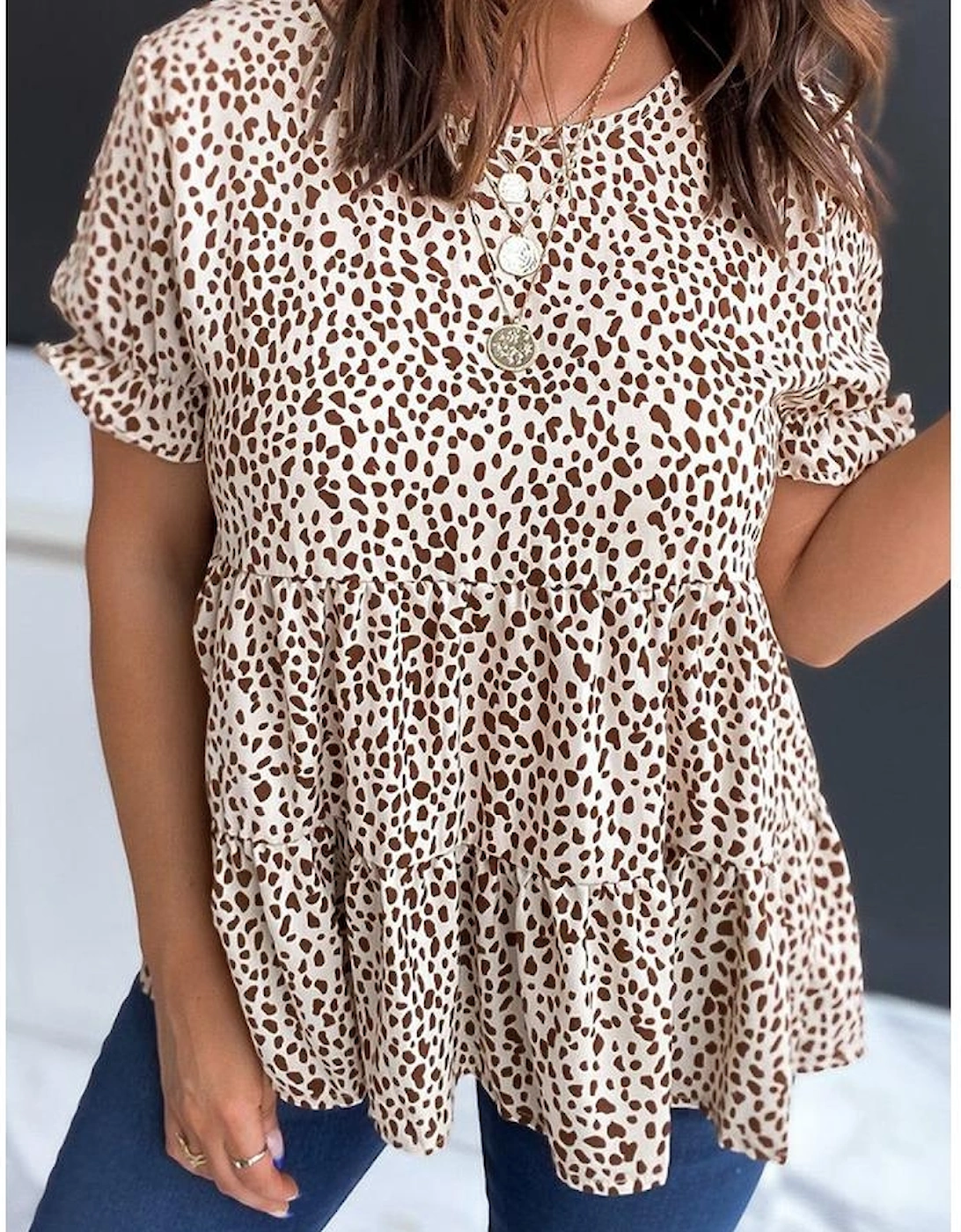 Azura Exchange Leopard Tiered Short Sleeve Top