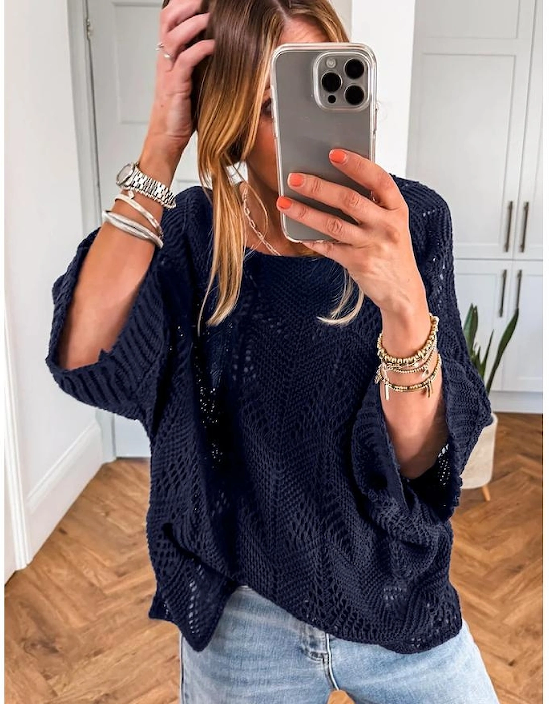 Navy Blue Hollow Out Knit 7/8 Sleeve Casual Sweater