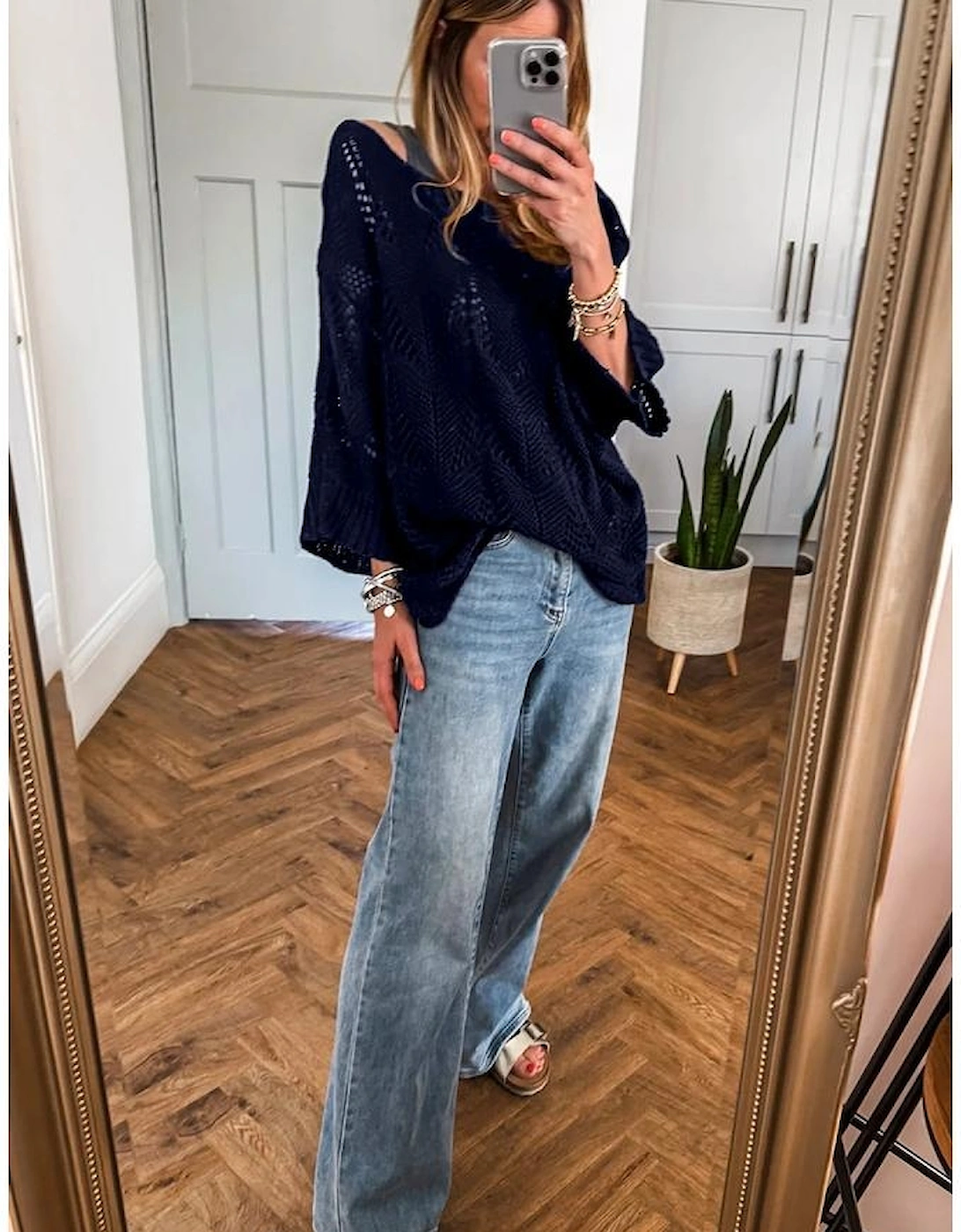 Navy Blue Hollow Out Knit 7/8 Sleeve Casual Sweater, 4 of 3