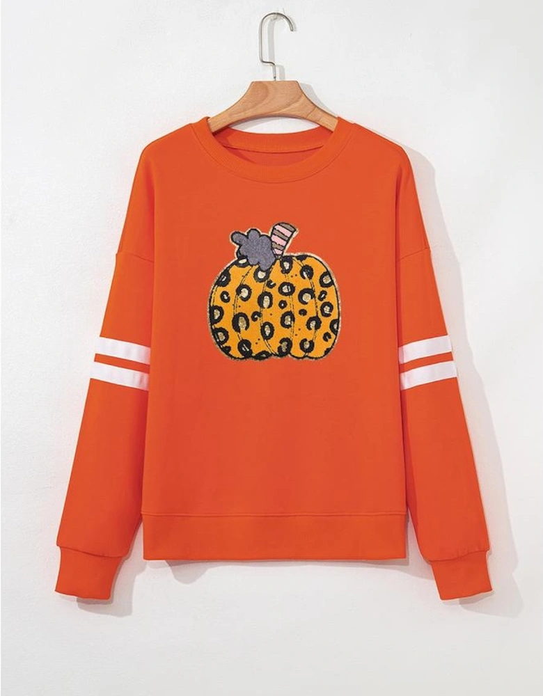 Orange Leopard Pumpkin Graphic Varsity Oversized Sweatshirt