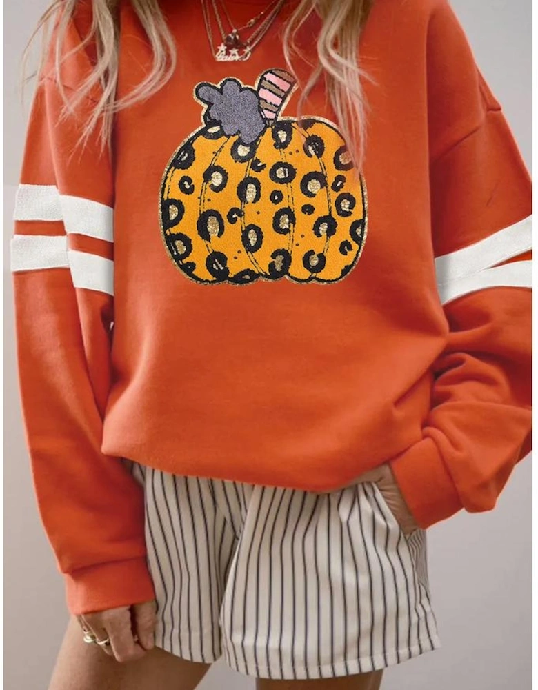 Orange Leopard Pumpkin Graphic Varsity Oversized Sweatshirt