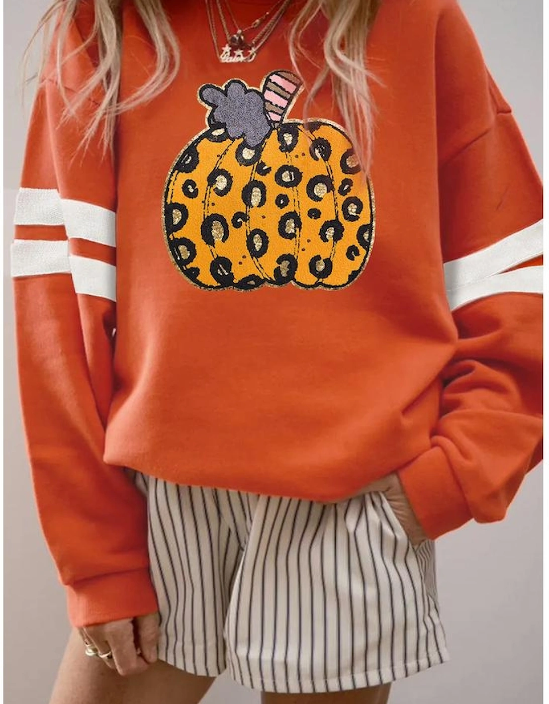 Orange Leopard Pumpkin Graphic Varsity Oversized Sweatshirt