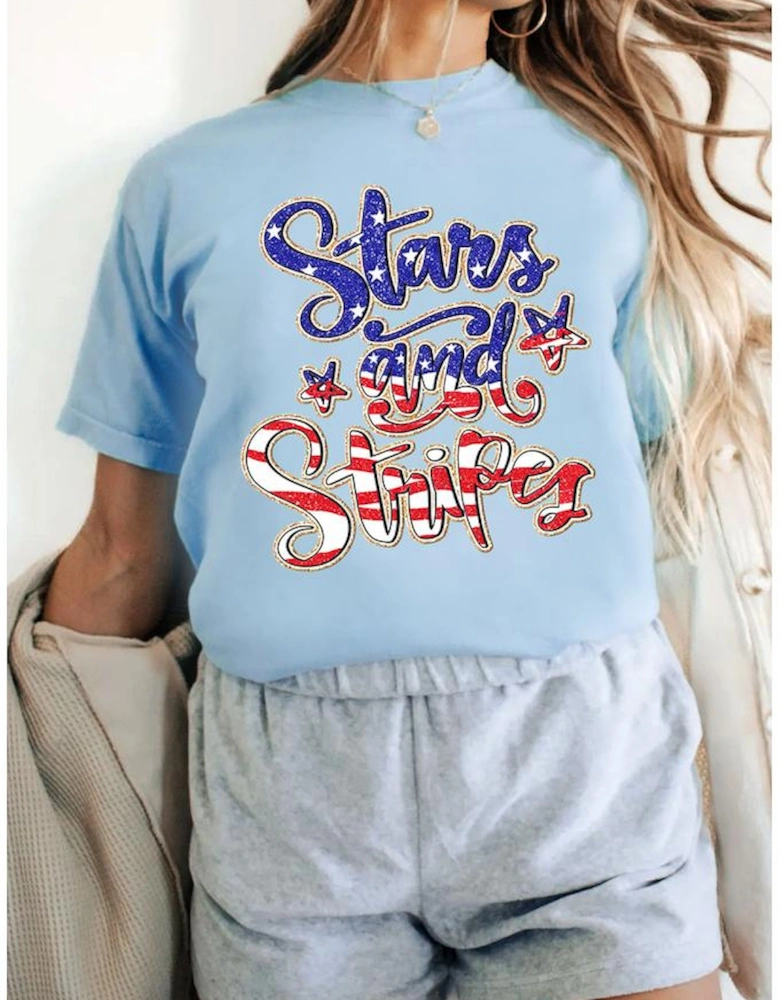 Light Blue Stars and Stripes Graphic July 4th Patriotic Tee