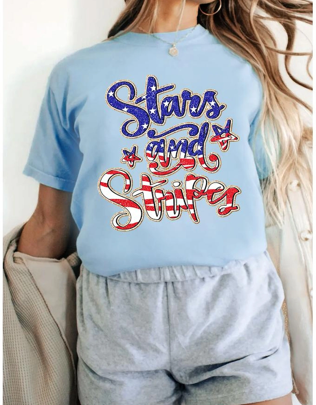 Light Blue Stars and Stripes Graphic July 4th Patriotic Tee