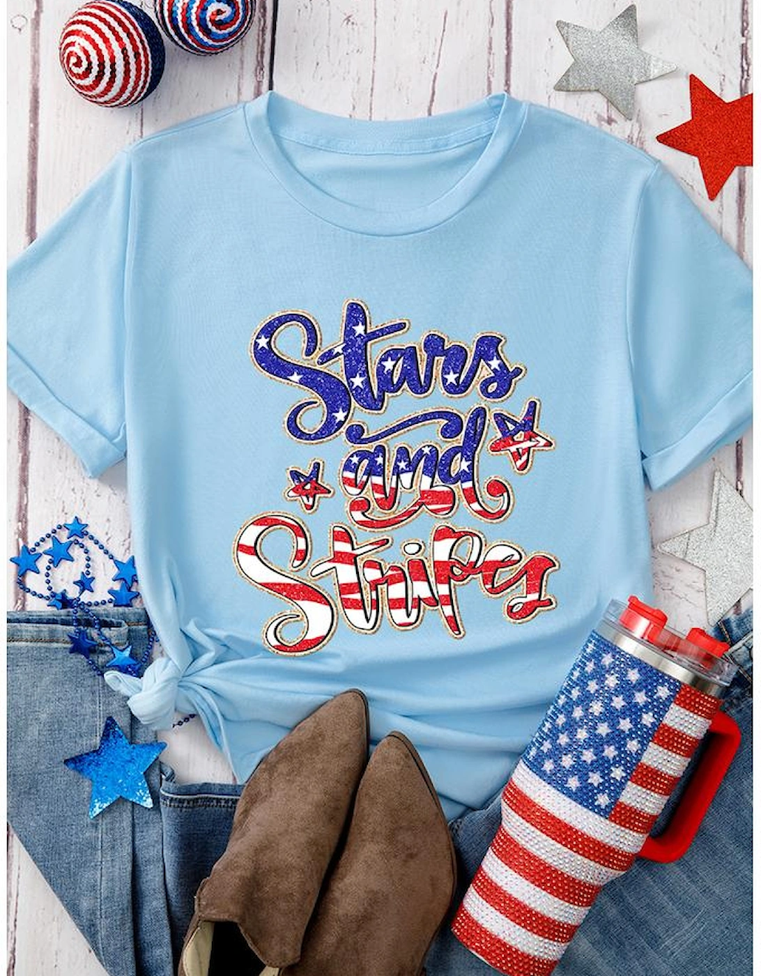 Light Blue Stars and Stripes Graphic July 4th Patriotic Tee, 7 of 6