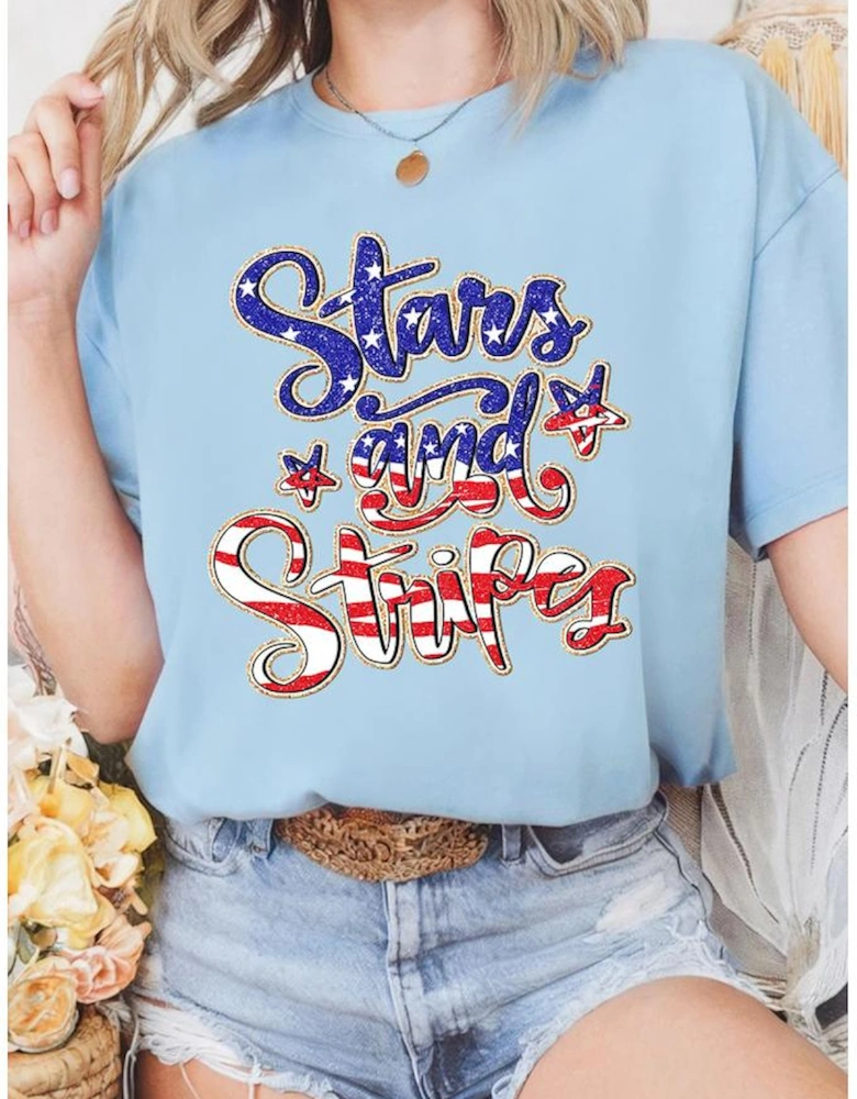 Light Blue Stars and Stripes Graphic July 4th Patriotic Tee