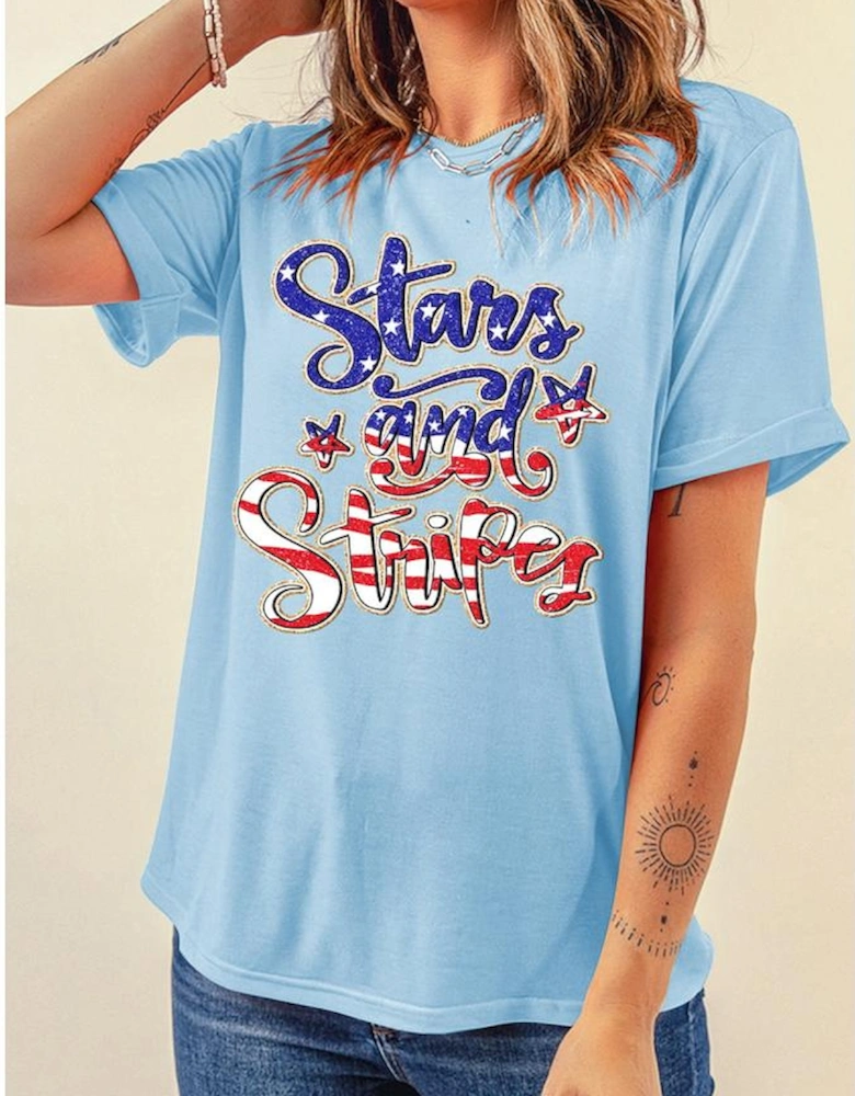 Light Blue Stars and Stripes Graphic July 4th Patriotic Tee