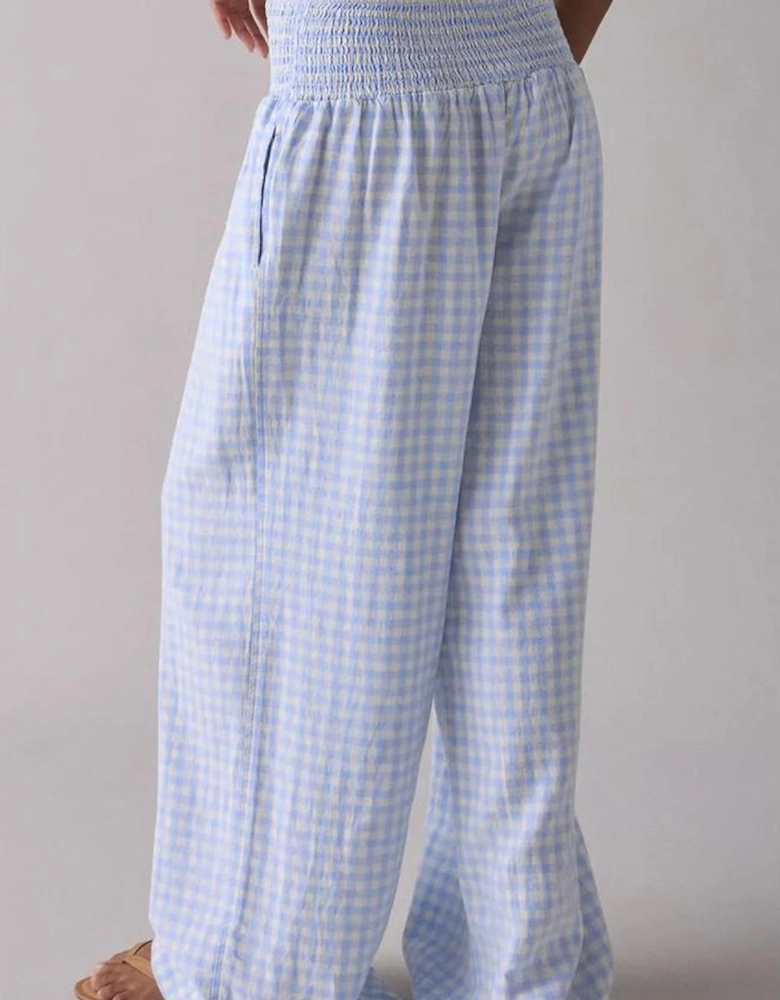 Myosotis Plaid Print Smocked High Waist Womens Loose Pants
