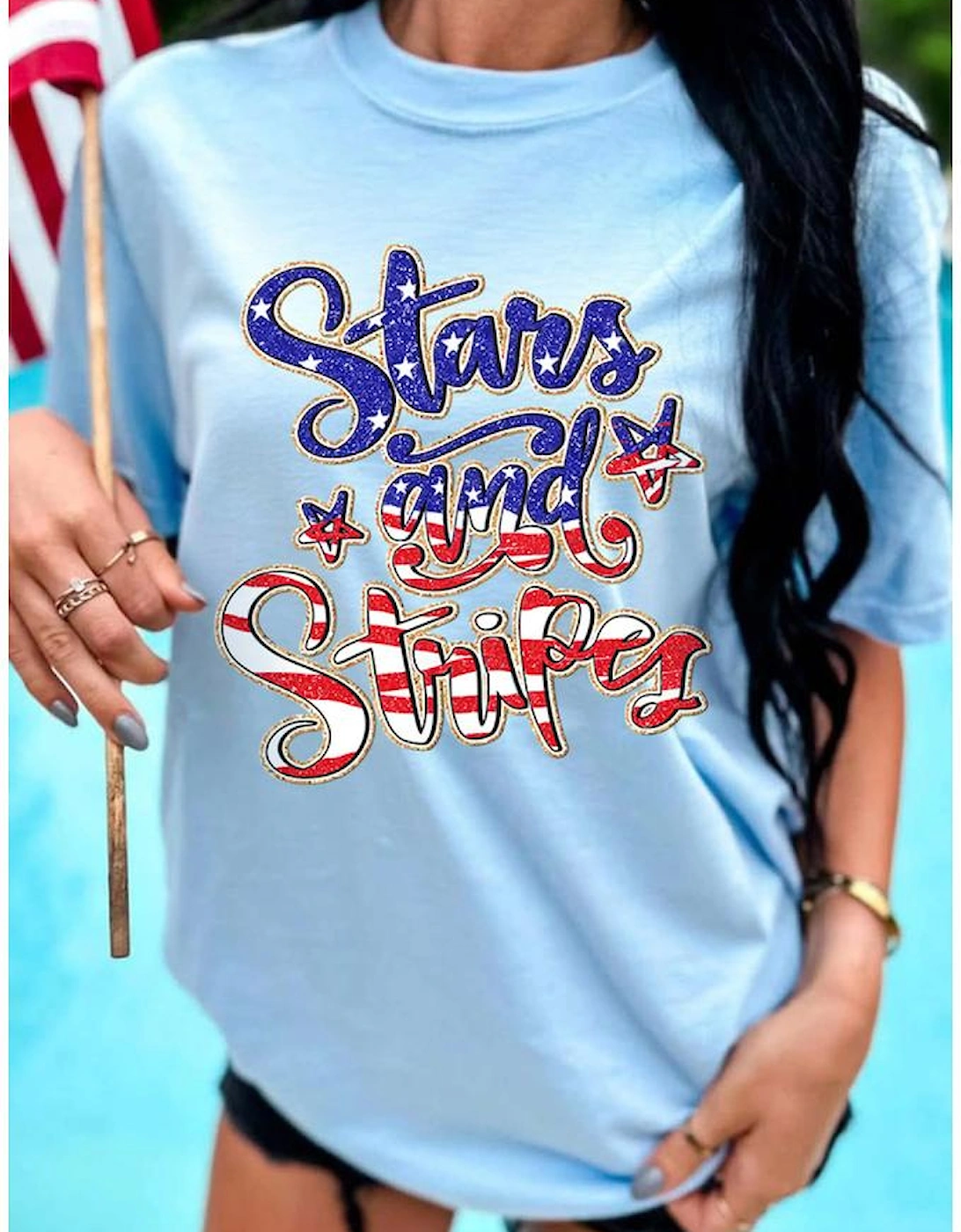 Light Blue Stars and Stripes Graphic July 4th Patriotic Tee