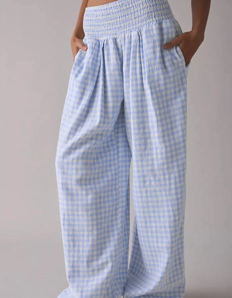 Myosotis Plaid Print Smocked High Waist Womens Loose Pants