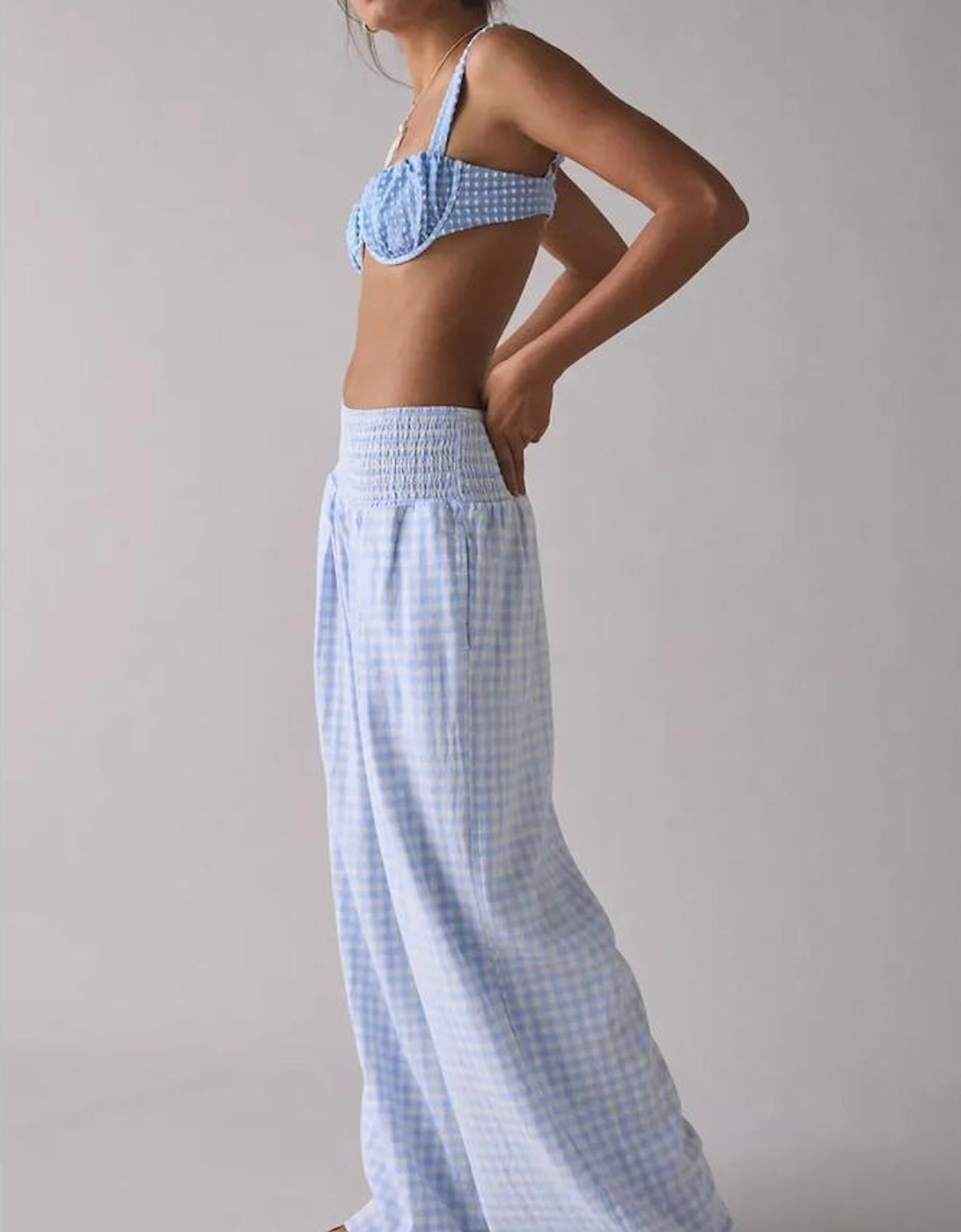 Myosotis Plaid Print Smocked High Waist Womens Loose Pants