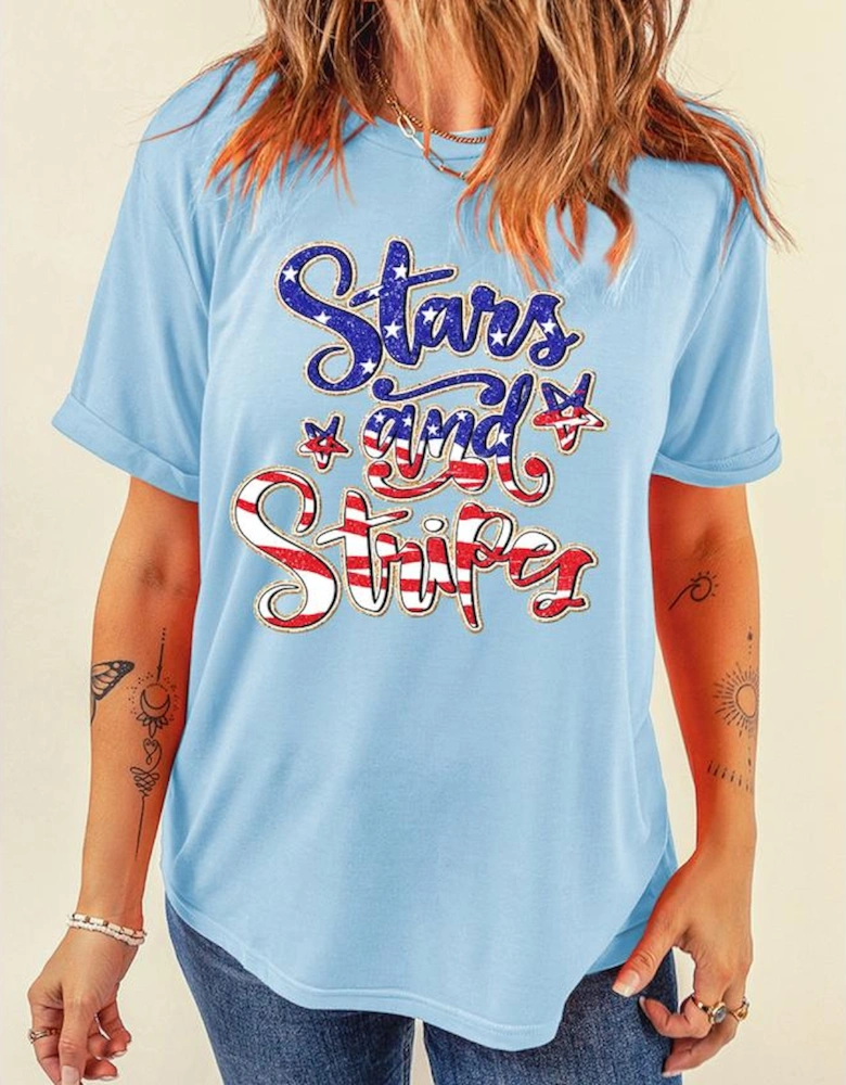 Light Blue Stars and Stripes Graphic July 4th Patriotic Tee