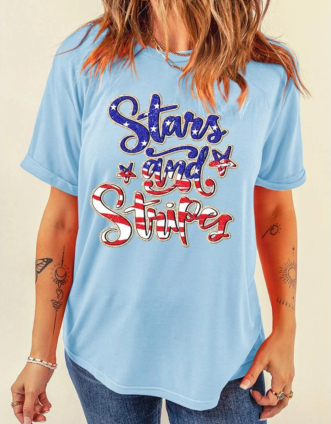 Light Blue Stars and Stripes Graphic July 4th Patriotic Tee