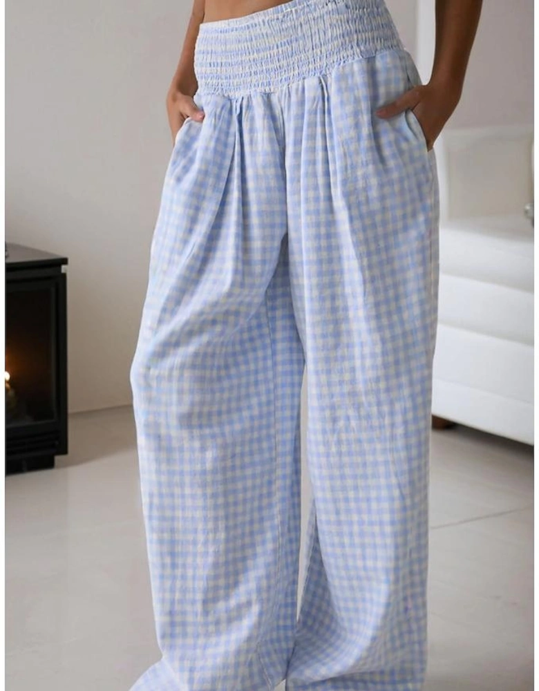 Myosotis Plaid Print Smocked High Waist Womens Loose Pants