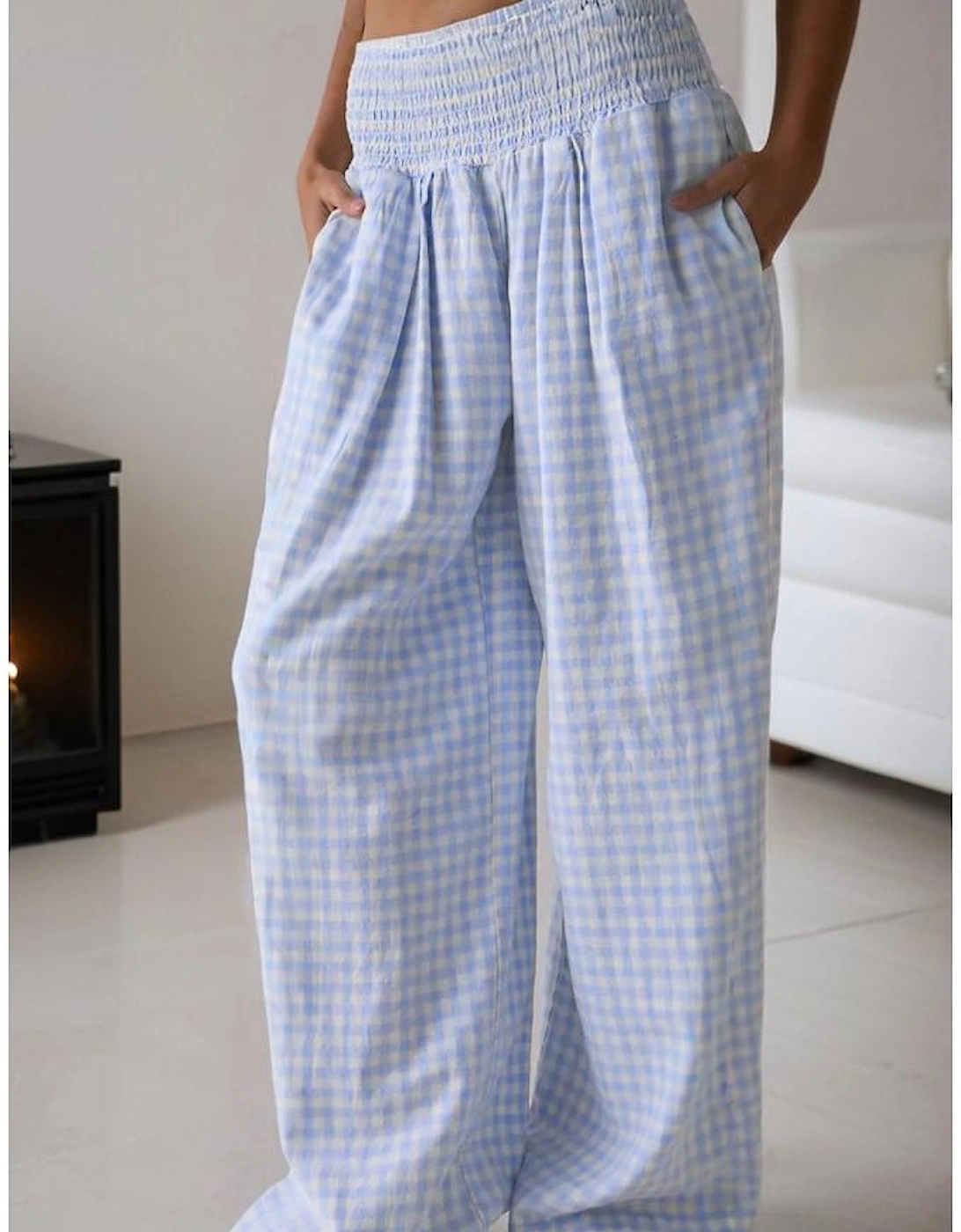 Myosotis Plaid Print Smocked High Waist Womens Loose Pants
