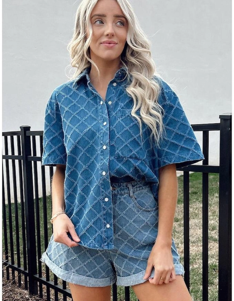 Dusk Blue Checkered Textured Short Sleeve Patched Pocket Denim Shirt