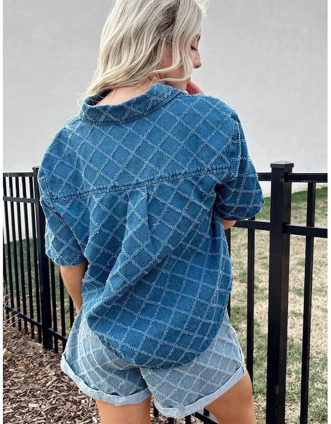 Dusk Blue Checkered Textured Short Sleeve Patched Pocket Denim Shirt, 8 of 7