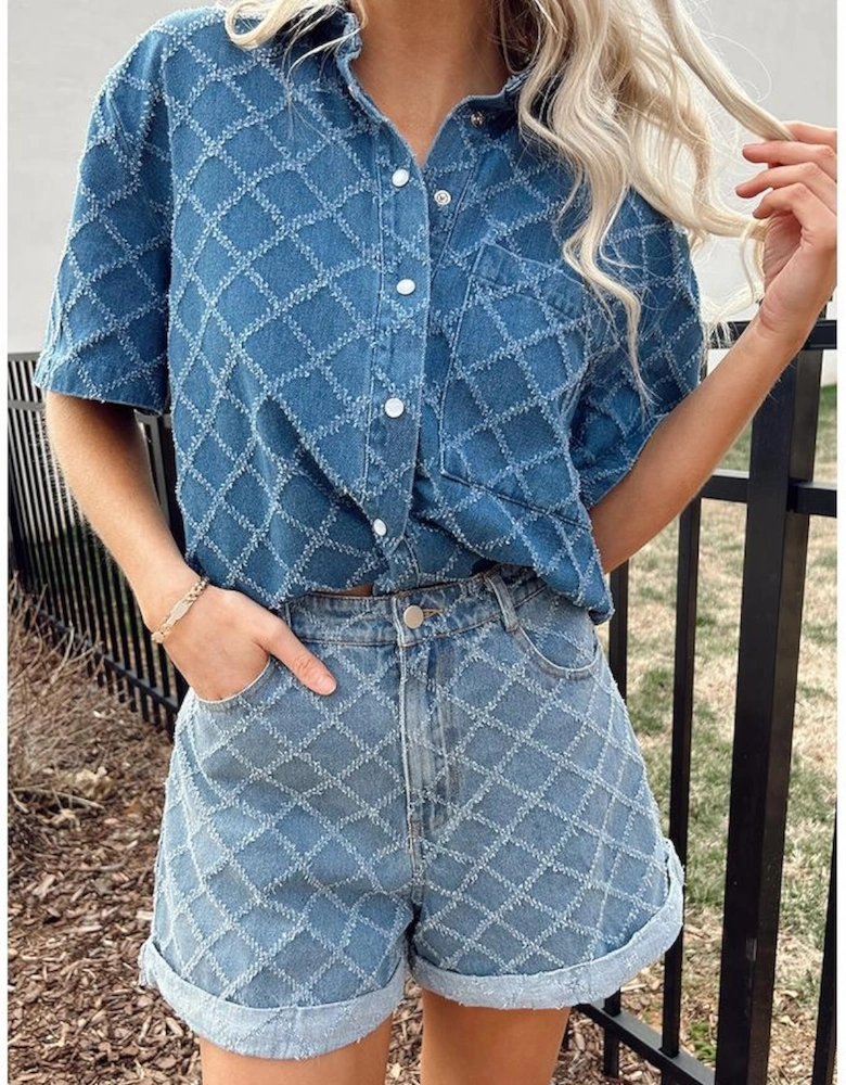 Dusk Blue Checkered Textured Short Sleeve Patched Pocket Denim Shirt