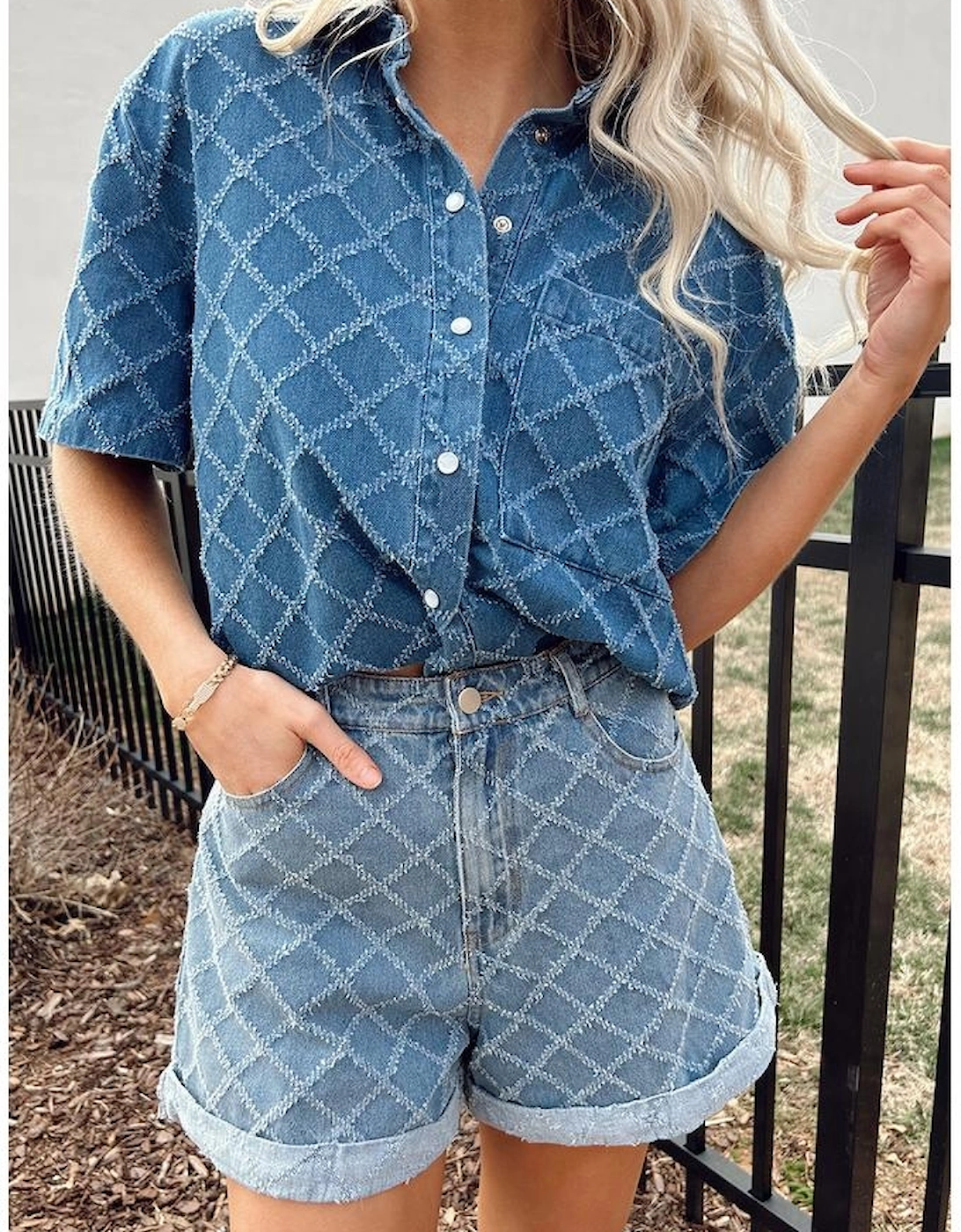 Dusk Blue Checkered Textured Short Sleeve Patched Pocket Denim Shirt