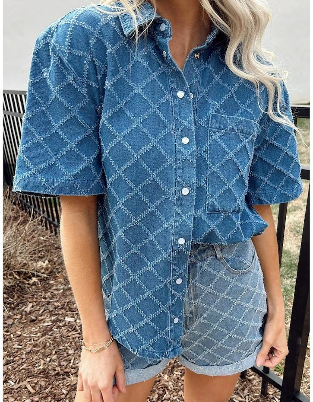 Dusk Blue Checkered Textured Short Sleeve Patched Pocket Denim Shirt