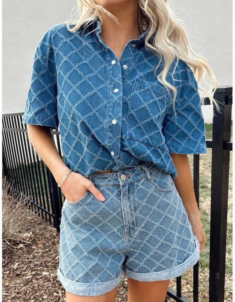 Dusk Blue Checkered Textured Short Sleeve Patched Pocket Denim Shirt