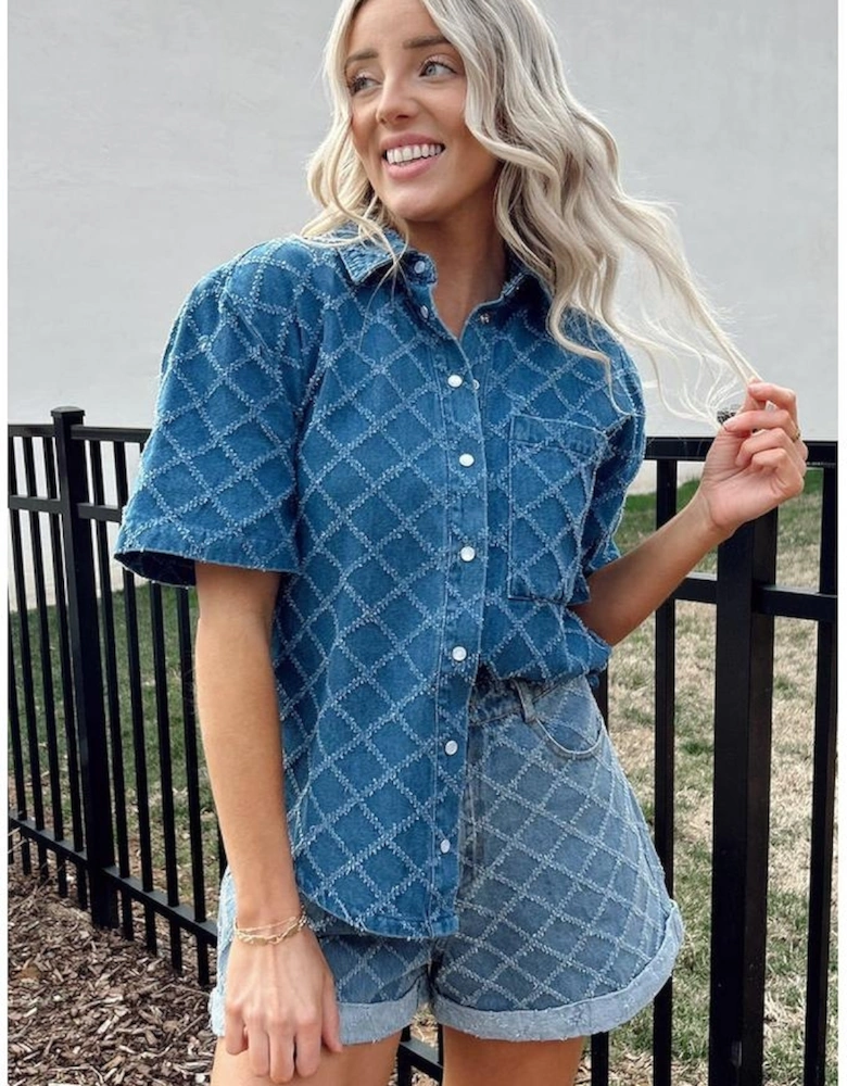 Dusk Blue Checkered Textured Short Sleeve Patched Pocket Denim Shirt