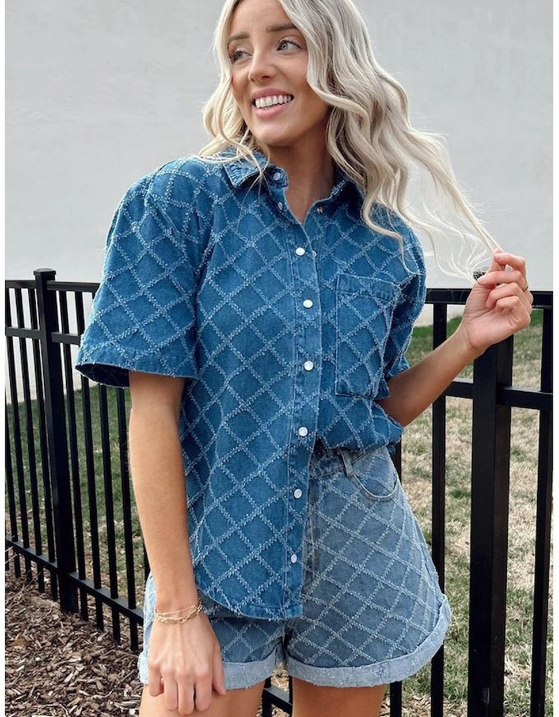 Dusk Blue Checkered Textured Short Sleeve Patched Pocket Denim Shirt