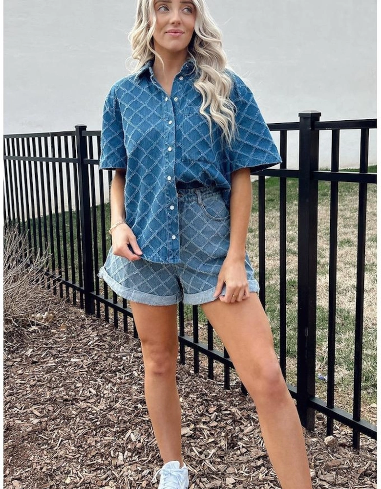 Dusk Blue Checkered Textured Short Sleeve Patched Pocket Denim Shirt
