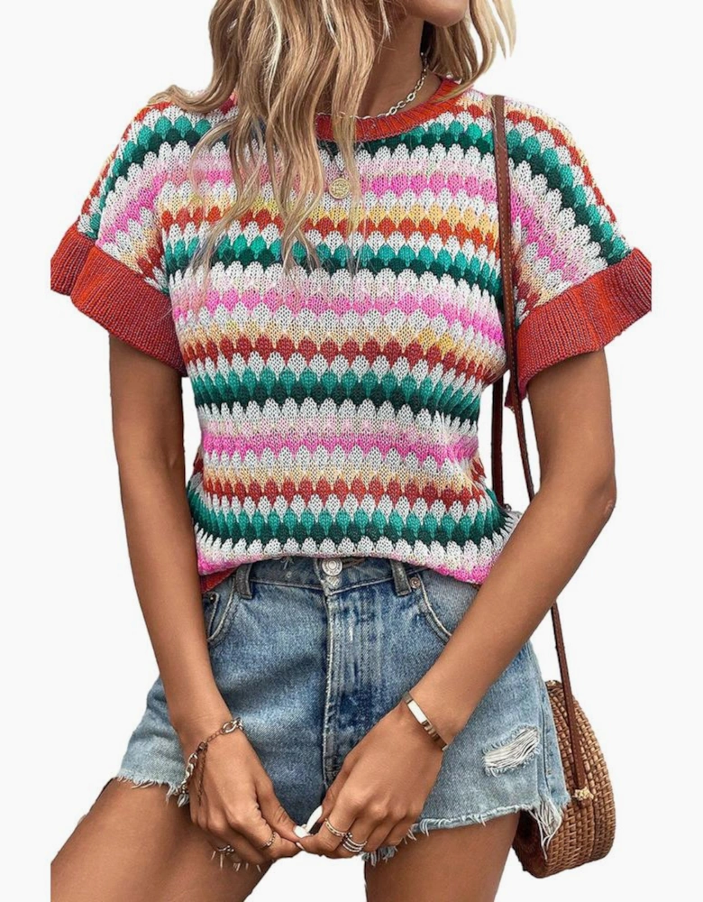 Fiery Red Trimmed Ruffle Sleeve Colorful Textured Sweater