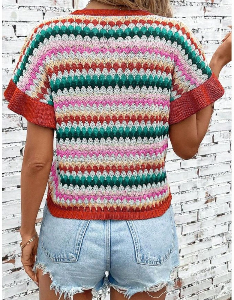 Fiery Red Trimmed Ruffle Sleeve Colorful Textured Sweater