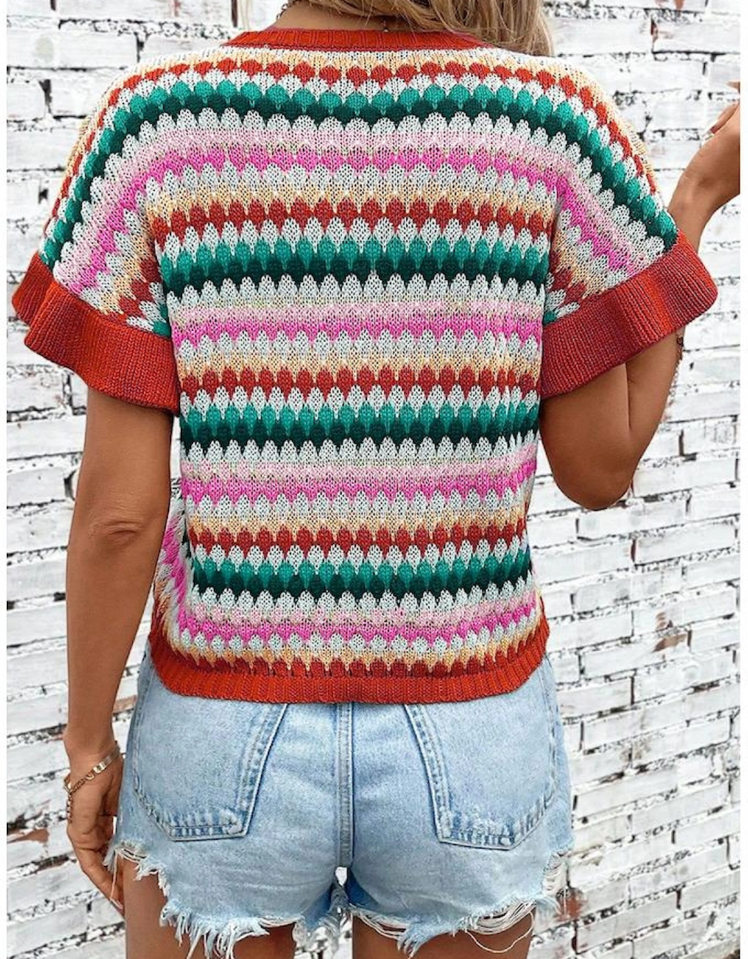 Fiery Red Trimmed Ruffle Sleeve Colorful Textured Sweater