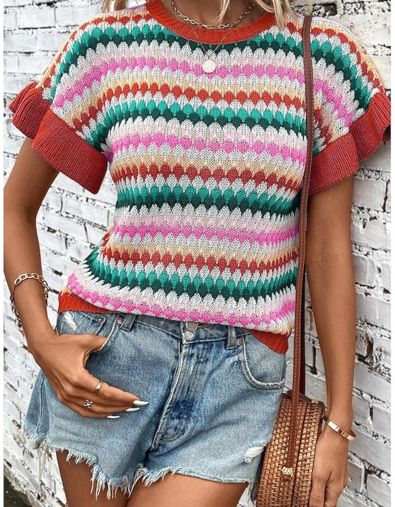 Fiery Red Trimmed Ruffle Sleeve Colorful Textured Sweater